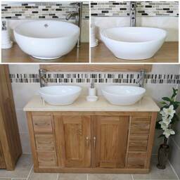 Solid Oak Bathroom Vanity Unit Cabinet Twin Ceramic Bowl Basin Tap Set 02Bcmcbcx2 - thumbnail 2