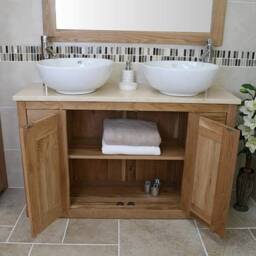 Solid Oak Bathroom Vanity Unit Cabinet Twin Ceramic Bowl Basin Tap Set 02Bcmcbcx2 - thumbnail 3