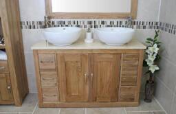 Solid Oak Bathroom Vanity Unit Cabinet Twin Ceramic Bowl Basin Tap Set 02Bcmcbcx2
