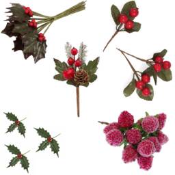 Red Berries Picks Holly Leaves & Pine Cone Stems - Christmas Card Crafts & Wreath Making - thumbnail 1