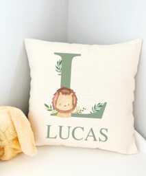 Lion Nursery Decor, Baby Boy Decor Safari, Jungle Bedroom Cushion, Sage Green Safari Bedroom, Personalised Boys Cushion Cover - thumbnail 1