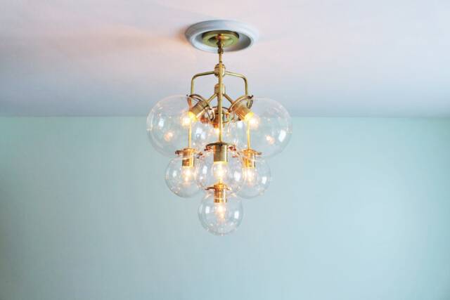 Bubble Chandelier, 3 Tiered Globe Pendant Lighting Fixture, 7 Clear Glass Globes, Raw Brass Finish, Modern Bootsngus & Decor - image 1