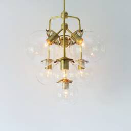 Bubble Chandelier, 3 Tiered Globe Pendant Lighting Fixture, 7 Clear Glass Globes, Raw Brass Finish, Modern Bootsngus & Decor - thumbnail 2