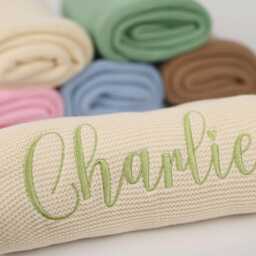 Embroidered Name Baby Blanket Personalized Knit Cotton Newborn Gift - thumbnail 3