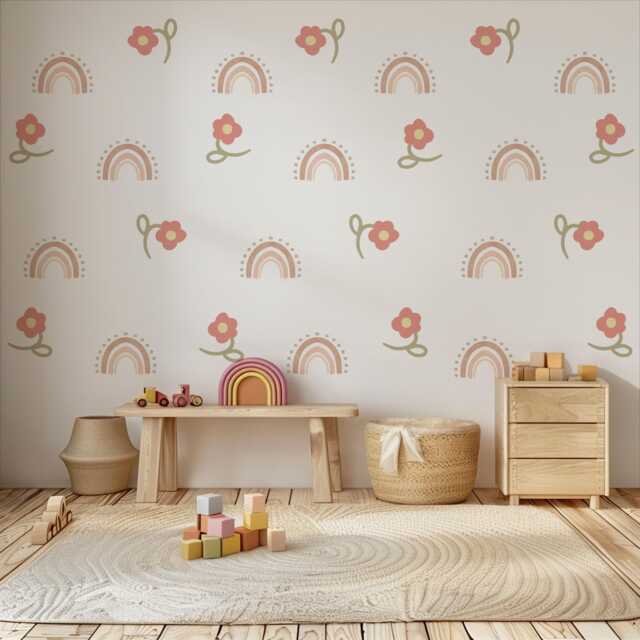 Boho Rainbow Flower Wall Decals, Neutral Nursery Stickers, Pink Floral Decor, Baby Girl Room Peel & Stick Art - image 1