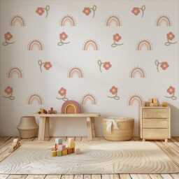 Boho Rainbow Flower Wall Decals, Neutral Nursery Stickers, Pink Floral Decor, Baby Girl Room Peel & Stick Art - thumbnail 1