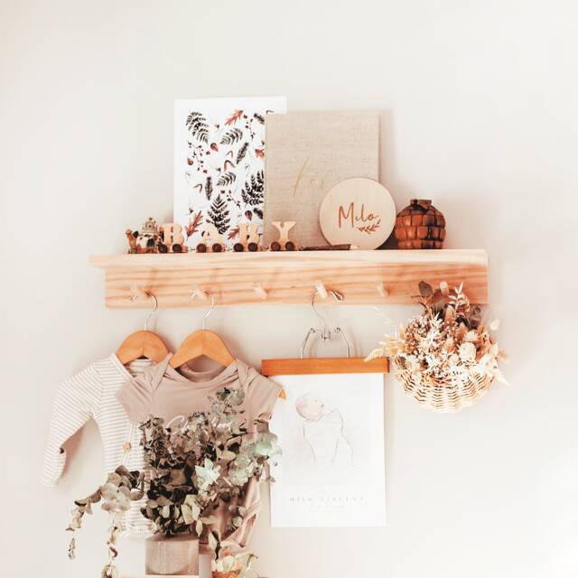 Wooden Wall Coat Rack With Shelf - Nursery Peg Rail - image 1