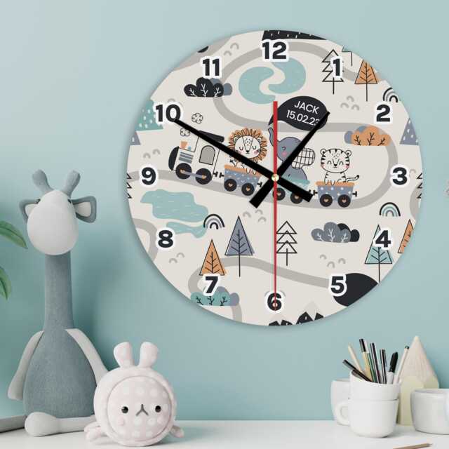 Animal Train Wall Clock Personalised Glass Wooden 20cm 30cm - Kids New Baby Boys Girls Childrens Bedroom Nursery Office Decor Family Gift - image 1