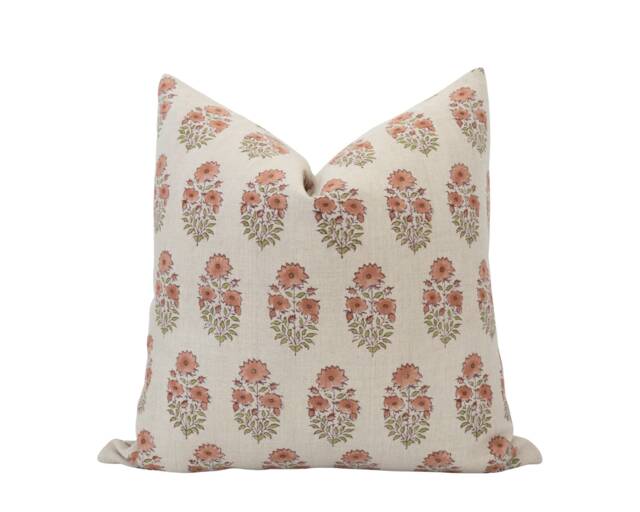 Greta -- Rust Floral Linen Pillow Cover Designer Spring Modern Farmhouse Decor Block Print Nursery - image 1