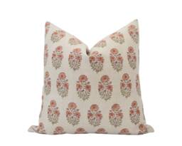 Greta -- Rust Floral Linen Pillow Cover Designer Spring Modern Farmhouse Decor Block Print Nursery - thumbnail 1
