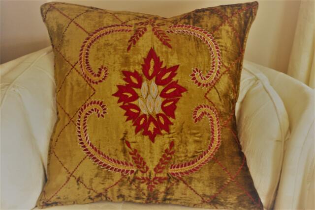 Decorative Pillow Cover in Gold & Burgundy Hand Embroidered Case, Accent Pillow, Home Living, Throw Pillow - image 1