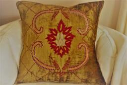 Decorative Pillow Cover in Gold & Burgundy Hand Embroidered Case, Accent Pillow, Home Living, Throw Pillow - thumbnail 1