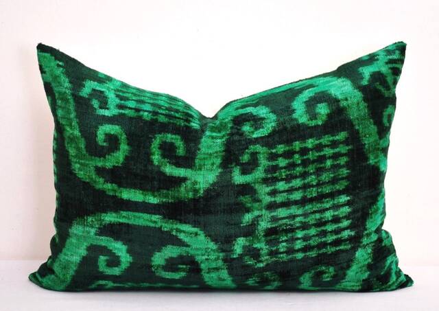 Dark Green Silk Velvet Ikat Pillow Cover - image 1