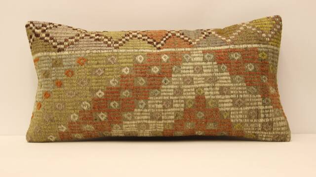 Bohemian Cushion Wool Pillow, Sofa Aztec Pillow Very Rare Kilim 12x24 Emroidered Throw 4Oaf-197 - image 1