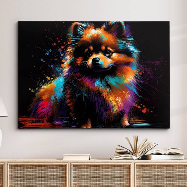 Colorful Pomeranian Dog Pet Abstract Modern Oil Painting Wall Art, Framed Canvas Poster Print, Home Kitchen Office Room Decor, Gifts - image 1