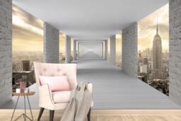 3D New York Tunnel View Wallpaper White Brick Wall Mural