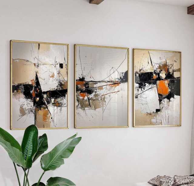 Abstract Geometric Art Set, Modern Black & Orange Wall Art, Minimalist Prints, Contemporary Landscape, Japanese Poster Set Of 3 - image 1