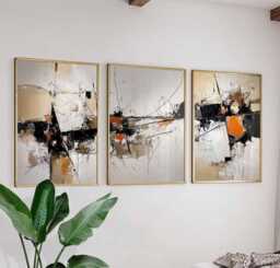 Abstract Geometric Art Set, Modern Black & Orange Wall Art, Minimalist Prints, Contemporary Landscape, Japanese Poster Set Of 3