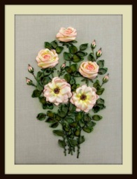 Ribbon Embroidered Roses Wall Hanging, Pink Tea On Linen - thumbnail 1