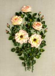Ribbon Embroidered Roses Wall Hanging, Pink Tea On Linen - thumbnail 2