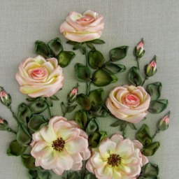 Ribbon Embroidered Roses Wall Hanging, Pink Tea On Linen - thumbnail 3
