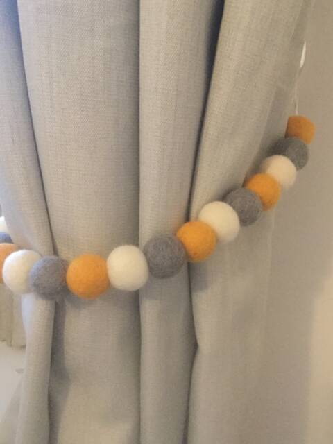 Felt Ball Curtain Tie Back Grey & Mustard Pom Decor - image 1