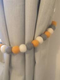 Felt Ball Curtain Tie Back Grey & Mustard Pom Decor - thumbnail 1