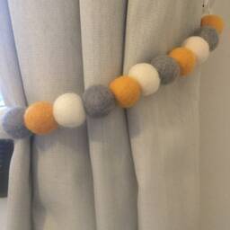 Felt Ball Curtain Tie Back Grey & Mustard Pom Decor - thumbnail 2