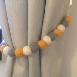 Felt Ball Curtain Tie Back Grey & Mustard Pom Decor - thumbnail 3