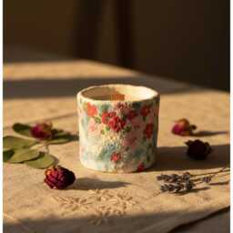 Handmade Floral Ceramic Candle Scented Soy Wax, Reusable Pottery Cup - thumbnail 4