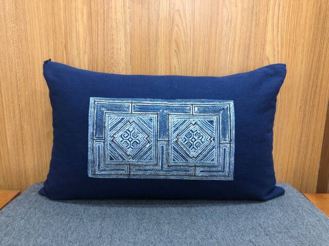 Linen Lumbar Pillow Cover - Dark Blue, Vintage Hmong Batik - 12x20 - image 1