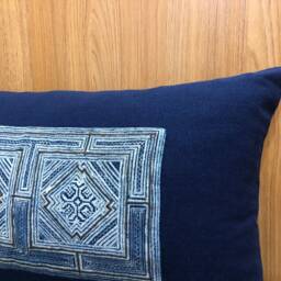 Linen Lumbar Pillow Cover - Dark Blue, Vintage Hmong Batik - 12x20 - thumbnail 3