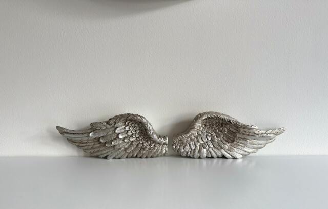 Angel Wings Silver Set Of 2 Small Feathered Cherub Wall Art Home Decor Decoration Grieving Memorial Gift - image 1