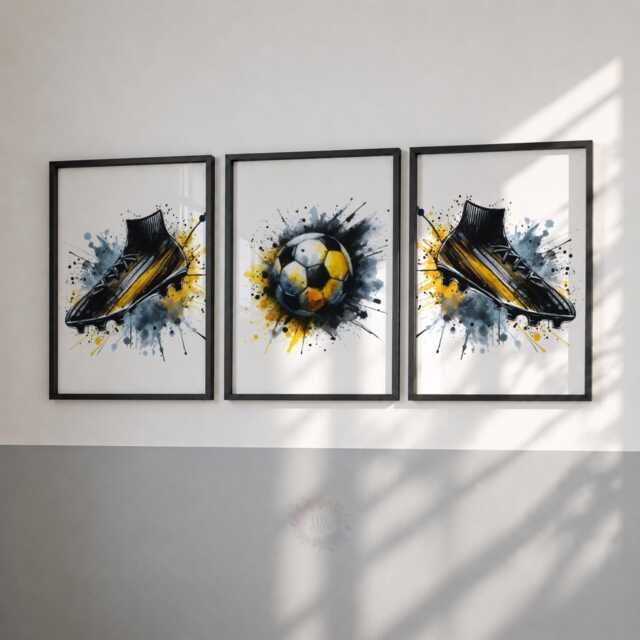 Football Poster Set - 3 Prints - Boys Bedroom Decor Kids Room Wall Art Soccer Artwork Teen Footballer Gifts Black & Yellow - image 1