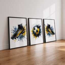 Football Poster Set - 3 Prints - Boys Bedroom Decor Kids Room Wall Art Soccer Artwork Teen Footballer Gifts Black & Yellow - thumbnail 3
