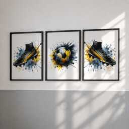 Football Poster Set - 3 Prints - Boys Bedroom Decor Kids Room Wall Art Soccer Artwork Teen Footballer Gifts Black & Yellow - thumbnail 1