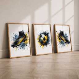 Football Poster Set - 3 Prints - Boys Bedroom Decor Kids Room Wall Art Soccer Artwork Teen Footballer Gifts Black & Yellow - thumbnail 2