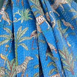 Kantha Stitch Pure Cotton Reversible Bed/Sofa Throw King Size Handmade Floral Dohar Royal Blue Safari Tropical Exotic Forest Animal - thumbnail 3
