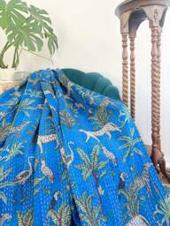 Kantha Stitch Pure Cotton Reversible Bed/Sofa Throw King Size Handmade Floral Dohar Royal Blue Safari Tropical Exotic Forest Animal - thumbnail 1