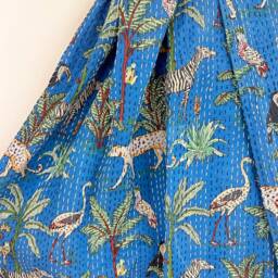 Kantha Stitch Pure Cotton Reversible Bed/Sofa Throw King Size Handmade Floral Dohar Royal Blue Safari Tropical Exotic Forest Animal - thumbnail 2