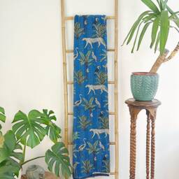 Kantha Stitch Pure Cotton Reversible Bed/Sofa Throw King Size Handmade Floral Dohar Royal Blue Safari Tropical Exotic Forest Animal - thumbnail 4