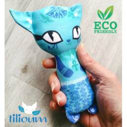 Turquoise Blue Egyptian Cat Rattle, Ecological Toy Organic Cotton Illustrated Two Faces, Cuddly Kitten Comforter Baby Birth Gift Ankh Bastet - thumbnail 3