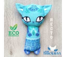 Turquoise Blue Egyptian Cat Rattle, Ecological Toy Organic Cotton Illustrated Two Faces, Cuddly Kitten Comforter Baby Birth Gift Ankh Bastet