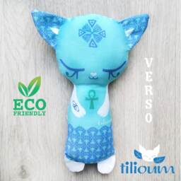 Turquoise Blue Egyptian Cat Rattle, Ecological Toy Organic Cotton Illustrated Two Faces, Cuddly Kitten Comforter Baby Birth Gift Ankh Bastet - thumbnail 2