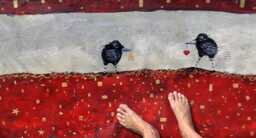 Hand-Painted Ravens Floorcloth Rug Red Abstract Crow Bird Art, Washable Durable Canvas Mat - thumbnail 1