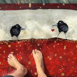 Hand-Painted Ravens Floorcloth Rug Red Abstract Crow Bird Art, Washable Durable Canvas Mat - thumbnail 4
