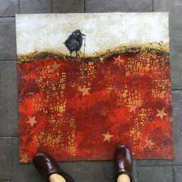 Hand-Painted Ravens Floorcloth Rug Red Abstract Crow Bird Art, Washable Durable Canvas Mat - thumbnail 3