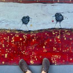 Hand-Painted Ravens Floorcloth Rug Red Abstract Crow Bird Art, Washable Durable Canvas Mat - thumbnail 2