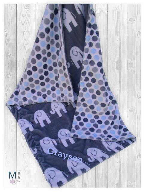 Personalized Elephant Minky Baby Blanket, Blue Gray Dots - 28x35 Inch Ske 37 - image 1