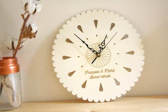 Custom Clock in Wood Personalized With Your Text Engraved, Unique Gift For Nature Lovers, Natural Design, Poetic Home Decor, Round Flower - image 1